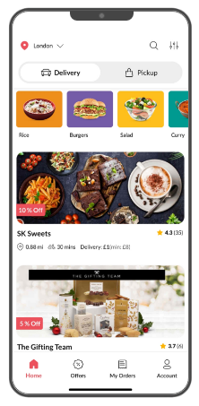 The interface of the Foodhub App showing three easy ordering steps, Locate, Select and Pay.